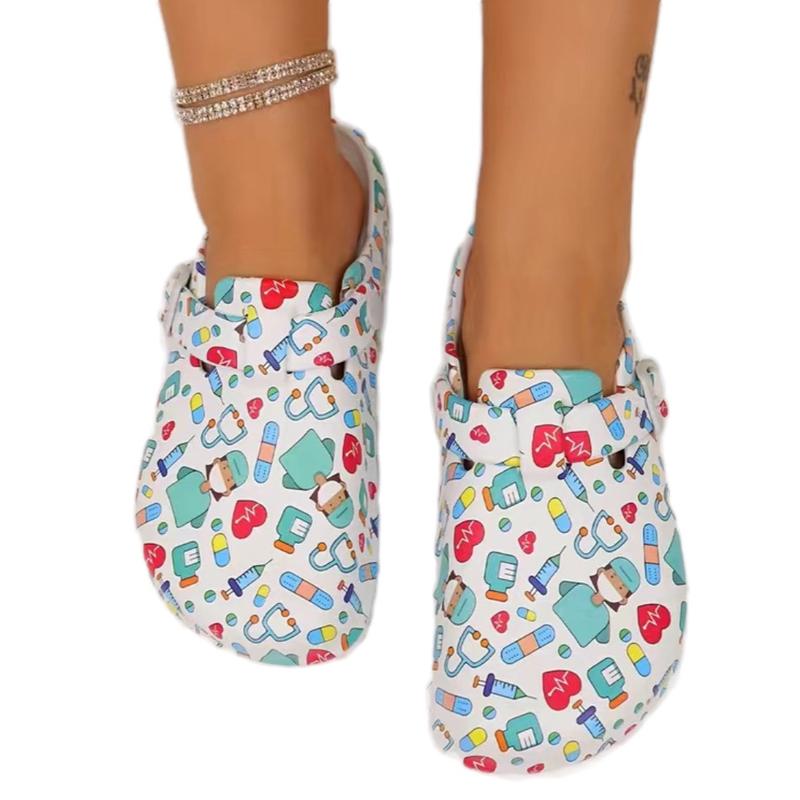 Nurses Doctors CNAs CMAs Med Techs Healthcare Workers Cartoon Print Platform EVA Clogs Mules - Girls Walking Shoes with Beautiful Print - Women Footwear Comfort Lightweight Buckle