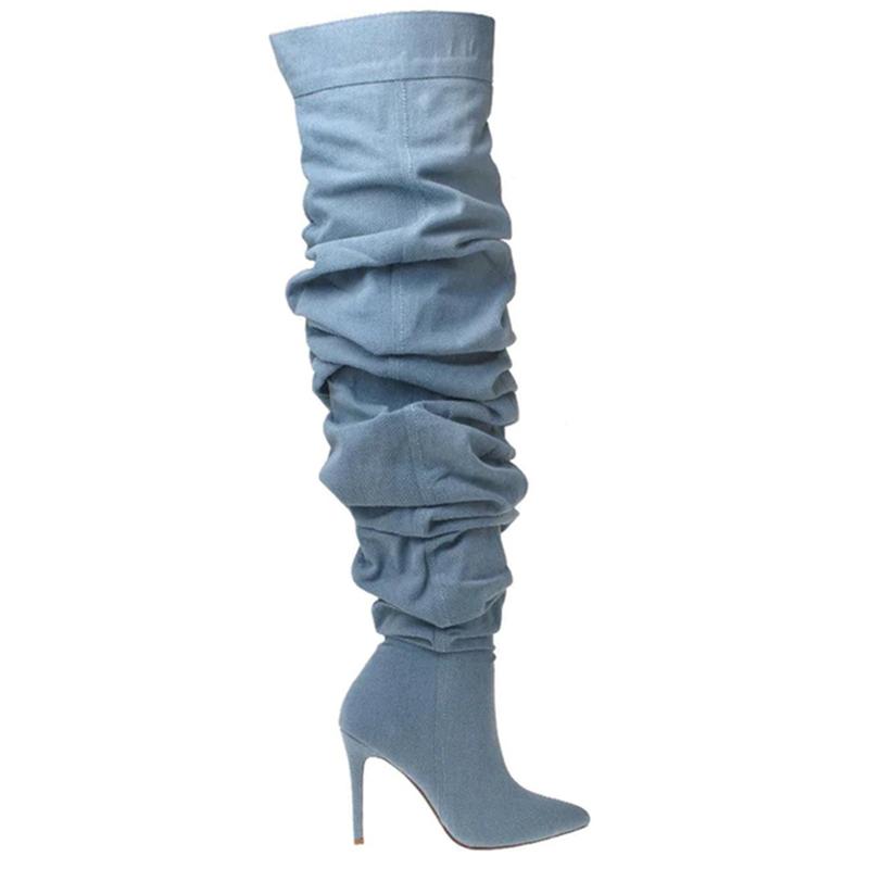 Women's  Denim Jeans Pointed Toe High Stiletto Heel Knee Slouchy Ruched Knee High  Boots