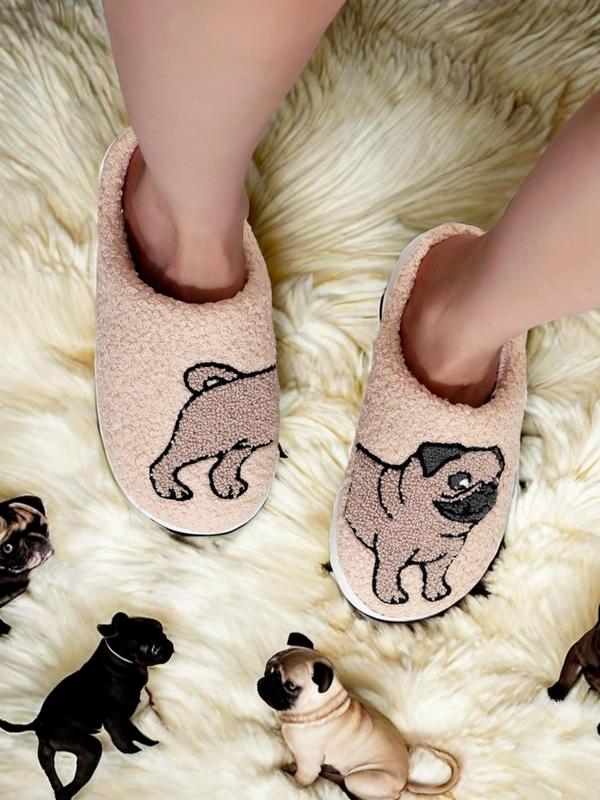 Women's Cartoon Dog Print Plush Slippers, Casual Soft Comfortable Non-slip Soft Home Slippers, Warm Slippers for Indoor & Outdoor Use，House Walking Shoes, Birthday Gifts