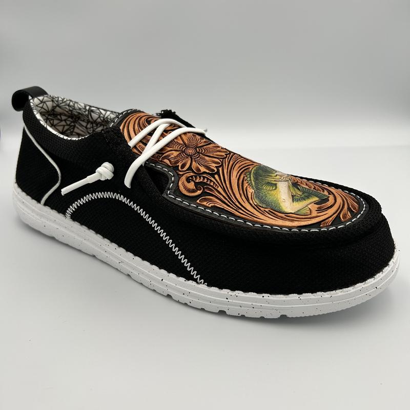 Double R Western Tooled Leather Shoes (Black - Hunting Fishing)