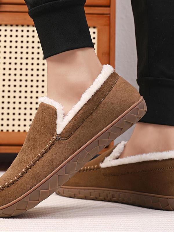 Men's Casual Solid Color Plush Lining Slippers, Non-slip Warm Home Slippers, Comfortable Silent Anti-slip Loafer Shoes for Indoor & Outdoor Wear