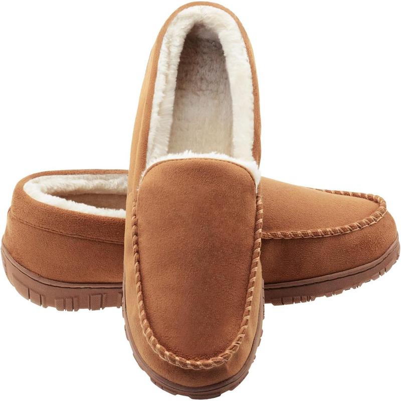 Moccasins For Men House Slippers Indoor Outdoor Plush Mens Bedroom Shoes With Hard Sole