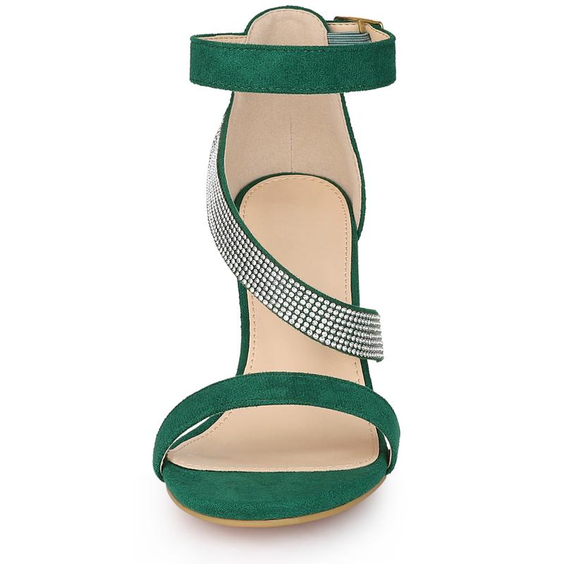 Allegra K Rhinestone Open Toe Block Heels Sandals Green