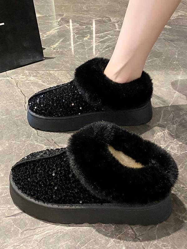 Women's Fashionable Glitter Sequin Design Plush Lining Ankle Boots, 2024 New Style Casual Warm Flat Shoes for Fall & Winter, Female All-match Round Toe Shoes for Daily Wear