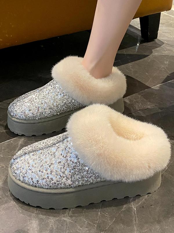 Women's Fashionable Glitter Sequin Design Plush Lining Ankle Boots, 2024 New Style Casual Warm Flat Shoes for Fall & Winter, Female All-match Round Toe Shoes for Daily Wear