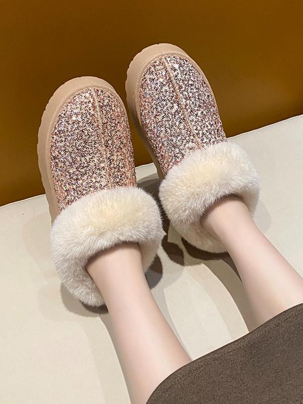 Women's Fashionable Glitter Sequin Design Plush Lining Ankle Boots, 2024 New Style Casual Warm Flat Shoes for Fall & Winter, Female All-match Round Toe Shoes for Daily Wear