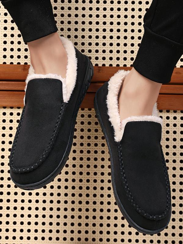 Men's Casual Solid Color Plush Lining Slippers, Non-slip Warm Home Slippers, Comfortable Silent Anti-slip Loafer Shoes for Indoor & Outdoor Wear