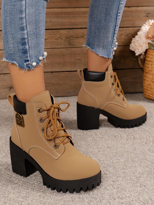 Women's Fashionable Patched Design Lace Up Front Ankle Boots, Casual Comfortable Round Toe Thick High Heel Boots for Daily Wear, Perfect for Students and Outdoor Sports