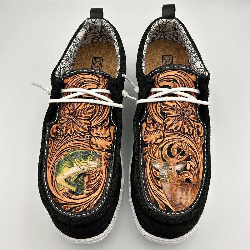 Double R Western Tooled Leather Shoes (Black - Hunting Fishing)