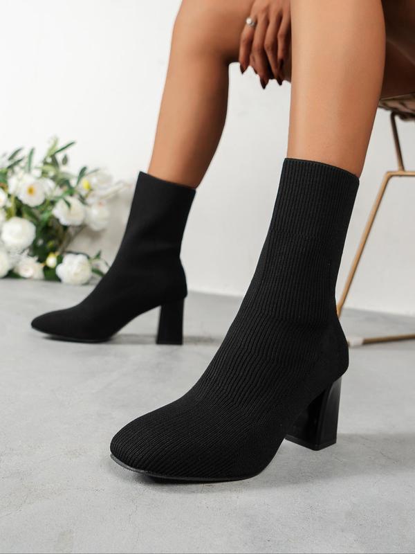 Women's Solid Pointed Toe Mid-calf Boots, Fashionable Knitted Design High Heel Boots for Fall & Winter, Female All-match Trendy Shoes for Daily Wear