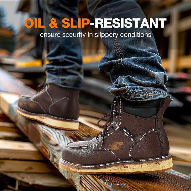 Soft Toe Soft Toe Work Boots for Men, 6 Inch Mens Waterproof Wedge Moc Toe Boots, Full-Grain Leather, Oil and Slip-Resistant Safety Boots, EH Protection, Brunt Work Boots for Men, for Construction Boy Shoe Comfort Closed Walking Shoes