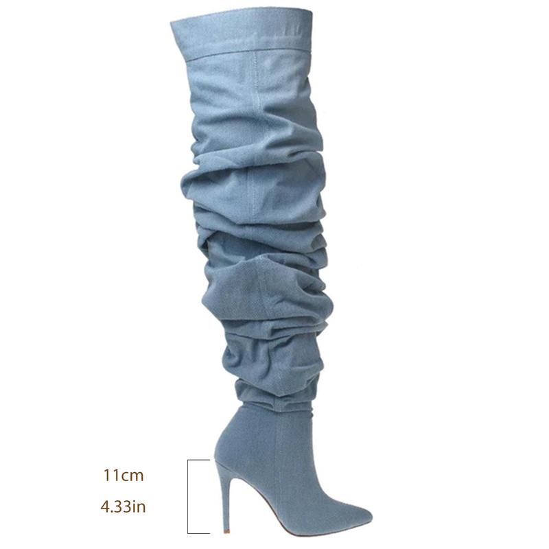 Women's  Denim Jeans Pointed Toe High Stiletto Heel Knee Slouchy Ruched Knee High  Boots