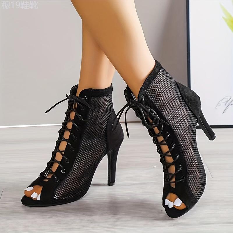 Chic High-Heel Mesh Sandals - Strappy Lace-Up, Stiletto Elegance, Open Toe for the Fashion-Conscious Woman Shoe Girl