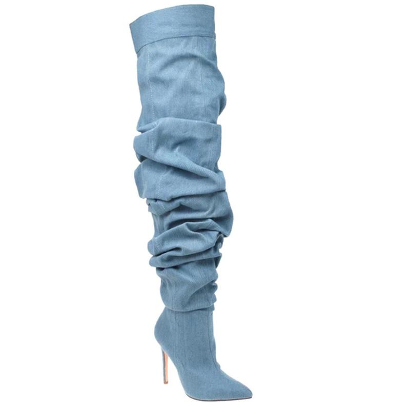 Women's  Denim Jeans Pointed Toe High Stiletto Heel Knee Slouchy Ruched Knee High  Boots