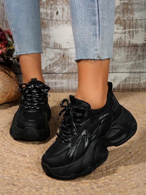 Fashionable Plain Color Lace Up Low Top Chunky Sneakers, Casual Comfortable Breathable Wedge Sneakers for Women, Female All-match Round Toe Shoes for Women