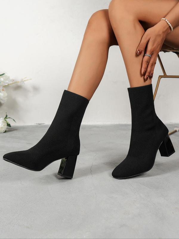 Women's Solid Pointed Toe Mid-calf Boots, Fashionable Knitted Design High Heel Boots for Fall & Winter, Female All-match Trendy Shoes for Daily Wear