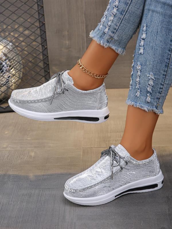 Women's Glittering Lace Up Flat Shoes, Casual Comfortable Breathable Shoes for Daily Wear, Perfect for Women & Girls for Outdoor