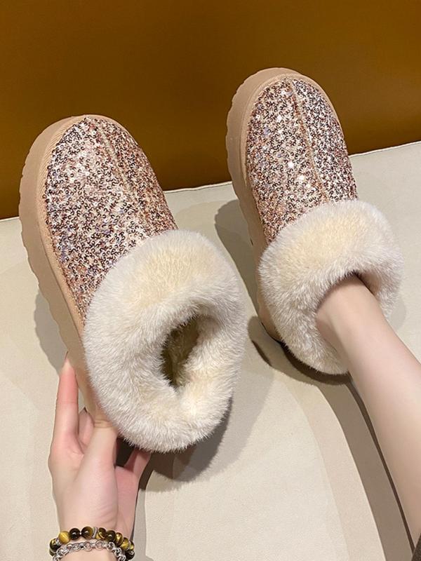 Women's Fashionable Glitter Sequin Design Plush Lining Ankle Boots, 2024 New Style Casual Warm Flat Shoes for Fall & Winter, Female All-match Round Toe Shoes for Daily Wear