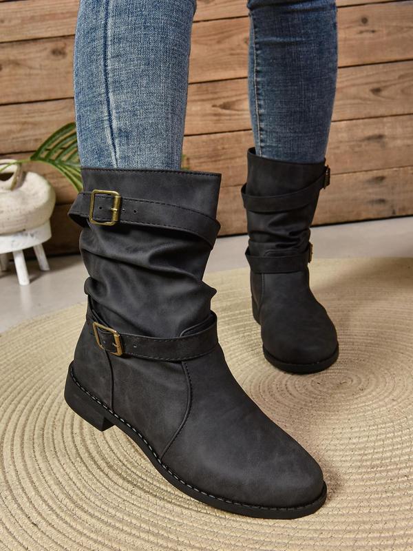 Women's Fashion Belted Design Boots, Casual Round Toe Boots for Fall & Winter, All-match Commuter Shoes for Work & Daily Wear