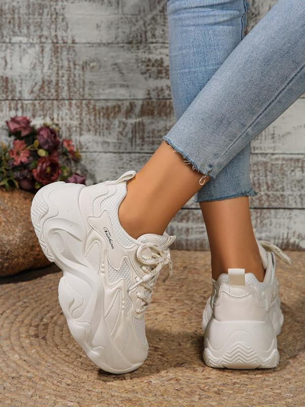 Fashionable Plain Color Lace Up Low Top Chunky Sneakers, Casual Comfortable Breathable Wedge Sneakers for Women, Female All-match Round Toe Shoes for Women