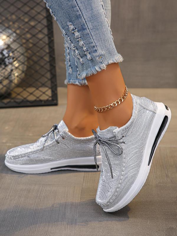 Women's Glittering Lace Up Flat Shoes, Casual Comfortable Breathable Shoes for Daily Wear, Perfect for Women & Girls for Outdoor