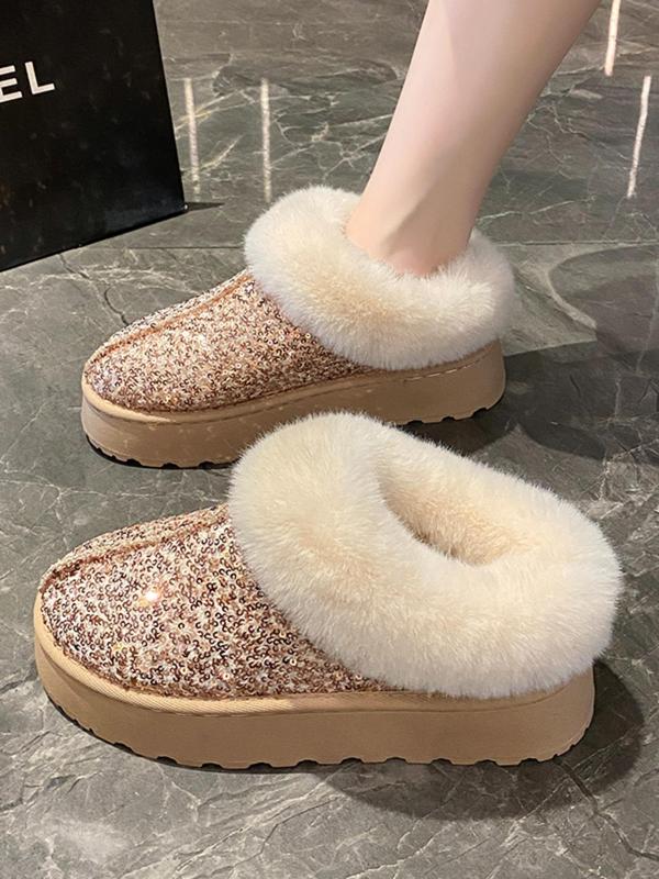 Women's Fashionable Glitter Sequin Design Plush Lining Ankle Boots, 2024 New Style Casual Warm Flat Shoes for Fall & Winter, Female All-match Round Toe Shoes for Daily Wear