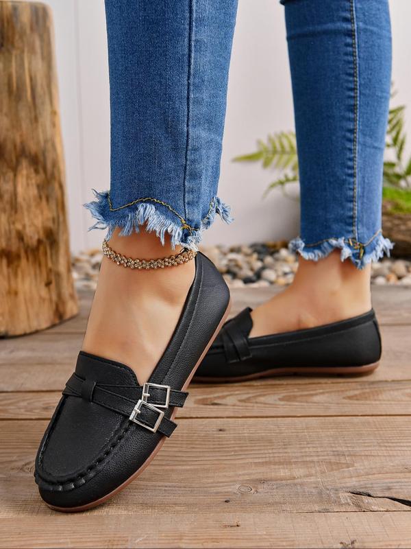 Women's Solid Color Round Toe Flat Shoes, Casual Comfortable Slip on Shoes for Daily Wear, Breathable Lightweight Pu Leather Shoes for All Seasons