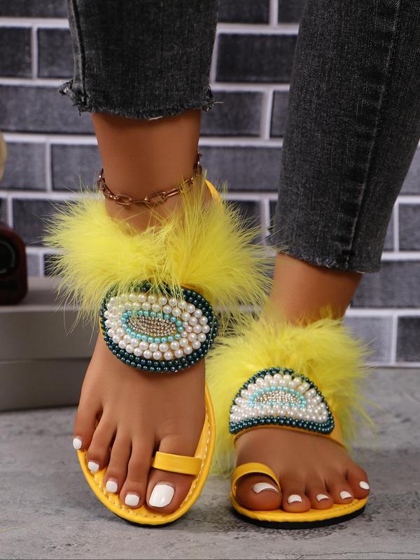 Women's Fashionable Faux Pearl & Rhinestone Decorated Slides, Casual Comfortable Flat Sandals for Summer, Non-slip Slippers for Indoor & Outdoor Wear