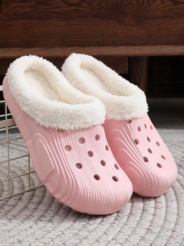 Women's Solid Color Plush Lined Clogs, Hollow Out Design House Slippers, Casual Soft Comfortable Home Slippers, Warm Slippers for Indoor & Outdoor Use for Fall & Winter