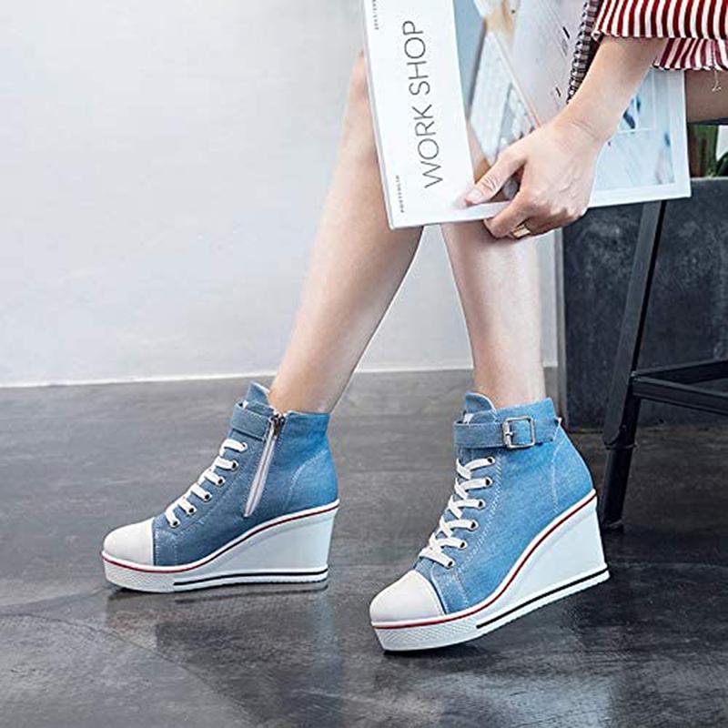 ALLINNINE Women's Sneaker Shoes High Heel Fashionable Canvas Shoes High Tube Lace Up Wedge Edge Zipper Slope Angle Shoes Size 4-11