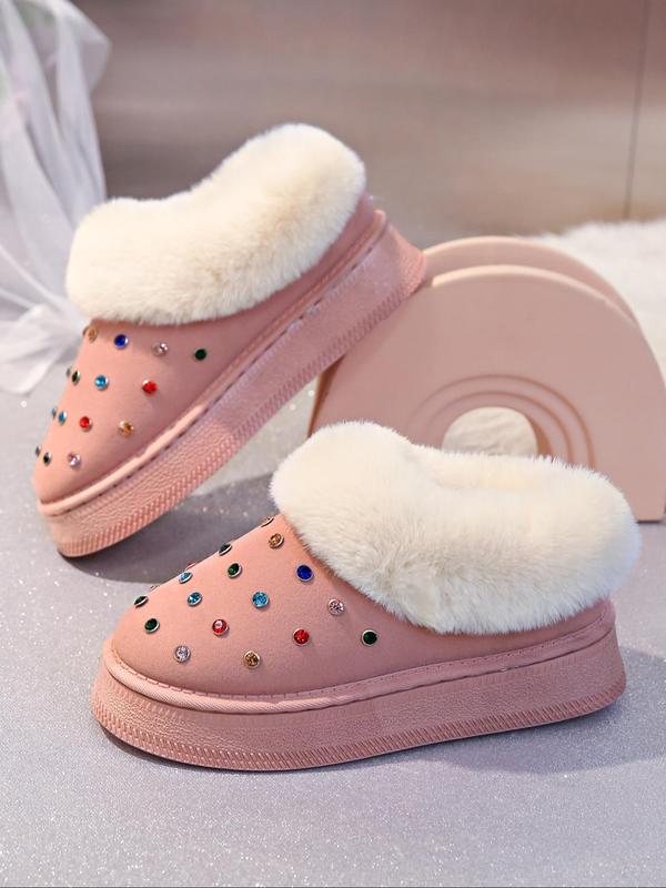 Women's Fashionable Rhinestone Decorated Plush Slippers, Casual Comfortable Home Slippers, Warm Slippers for Indoor & Outdoor Use for Winter