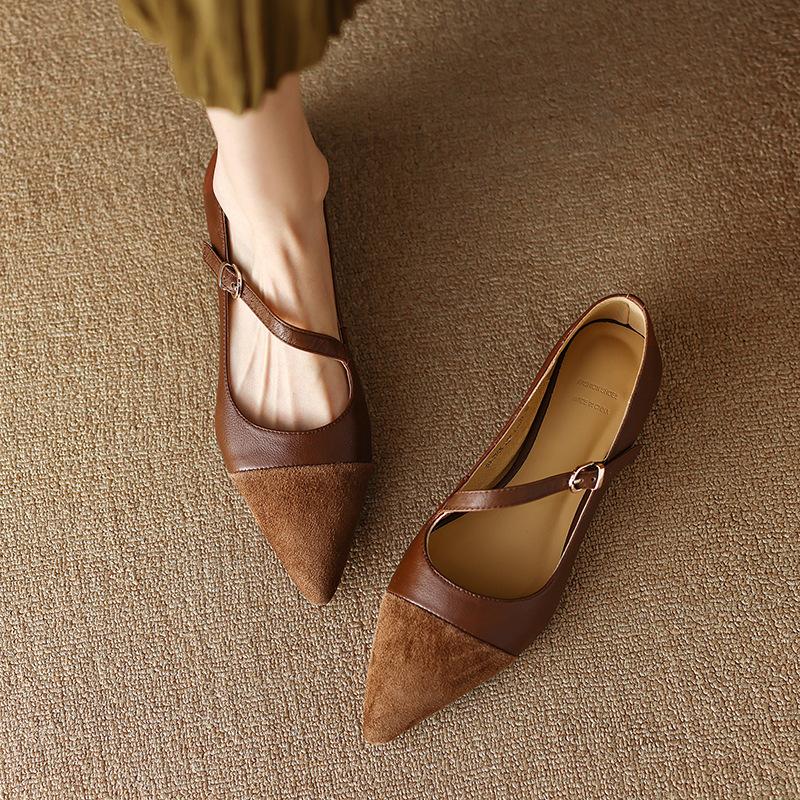 Retro Brown Pointed Toe Pumps Women's Soft Leather New Flat Heel Low-Cut Pumps Buckle Flat Shoes