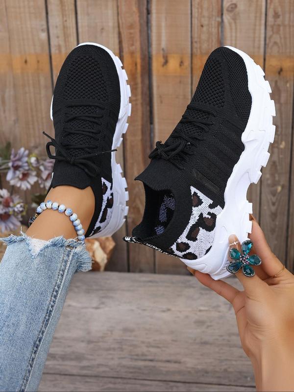 Women's Fashionable Leopard Print Lace Up Low Top Casual Sneakers, Casual Breathable Comfortable Sports Running Shoes, All-match Basic Shoes for Daily Wear