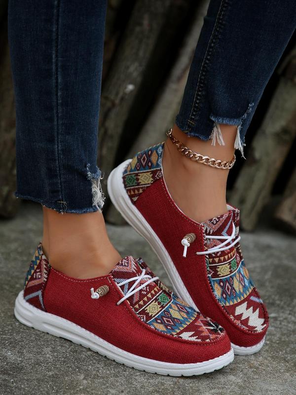 Women's Boho Style Geometric Pattern Lace Up Low Top Sneakers, Casual Comfortable Sports Shoes, Fashionable All-match Canvas Sneakers for Daily Wear