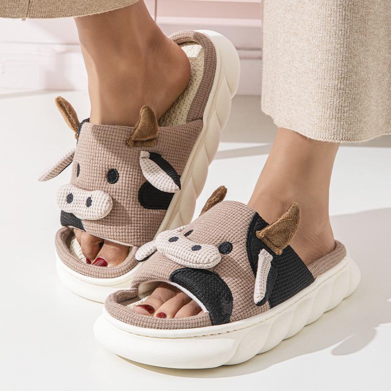 Women's Men's Cow Slippers, Cow Linen Slippers, Cow Cloud Slide Pillow Slippers Sandals Walking Shoes Footwear Soft Classic