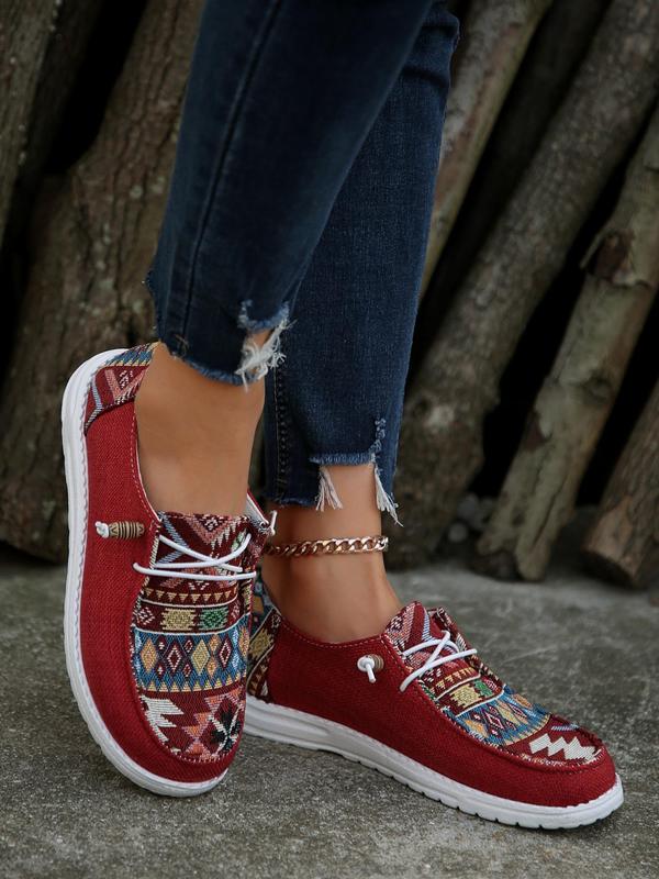 Women's Boho Style Geometric Pattern Lace Up Low Top Sneakers, Casual Comfortable Sports Shoes, Fashionable All-match Canvas Sneakers for Daily Wear