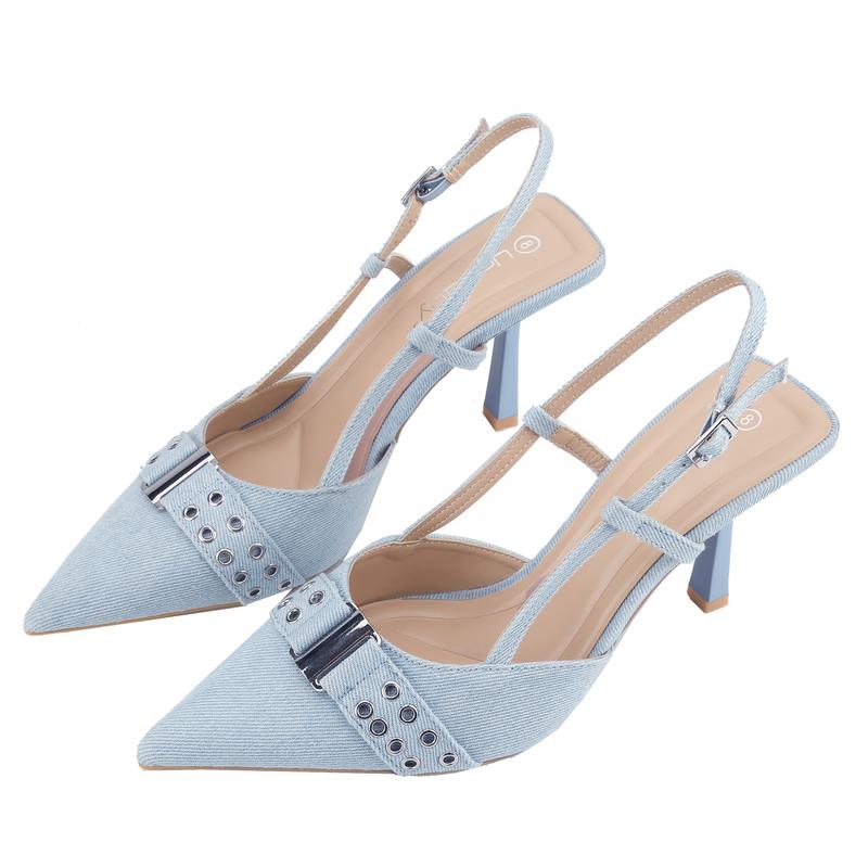 Belovely Denim Slingback Heels, Closed Pointed Toe, Strappy Ankle Buckle Stiletto,Stylish Walking Shoes for Women comfy heels Girl Footwear daily wear