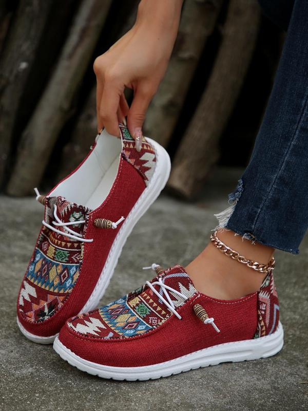 Women's Boho Style Geometric Pattern Lace Up Low Top Sneakers, Casual Comfortable Sports Shoes, Fashionable All-match Canvas Sneakers for Daily Wear