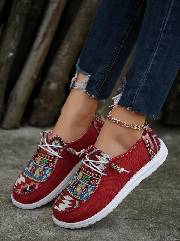 Women's Boho Style Geometric Pattern Lace Up Low Top Sneakers, Casual Comfortable Sports Shoes, Fashionable All-match Canvas Sneakers for Daily Wear