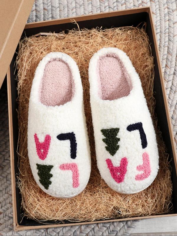 Women's Cute Gingerbread Man Pattern Plush Slippers, Casual Soft Comfortable Home Slippers, Warm Slippers for Indoor & Outdoor Use for Fall & Winter Indoor Slippers