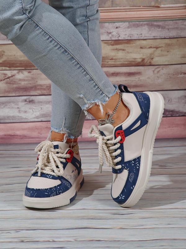 Women's Fashionable Patchwork Design Lace Up Low Top Sneakers, Casual Comfortable Sports Shoes for Daily Wear, Female All-match Round Toe Shoes for Daily Wear