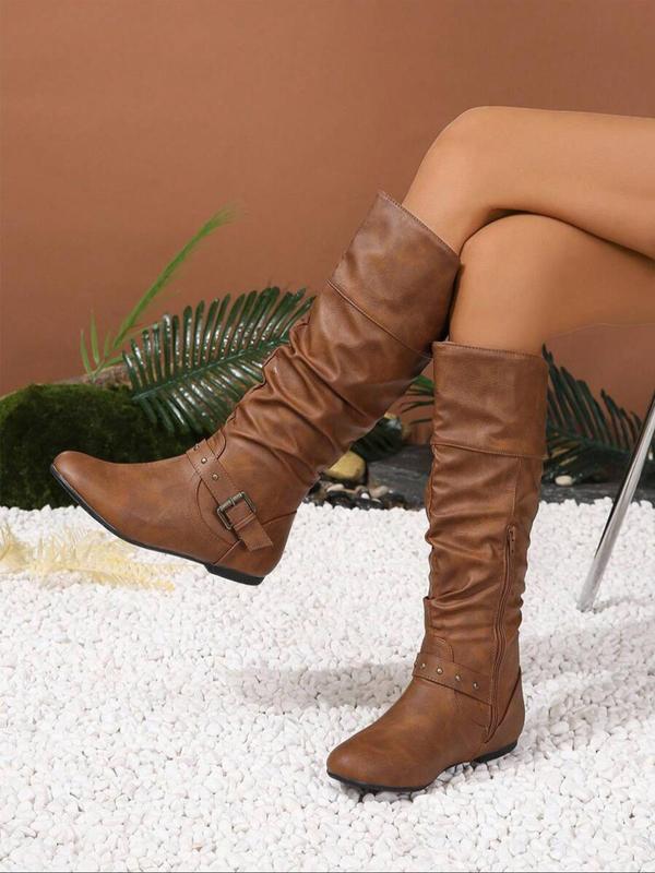 Women's American Retro Style Rivet Design Ruched Side Zipper Boots, Casual Round Toe Knee Boots for Daily Wear, Comfortable Shoes for Women & Girls