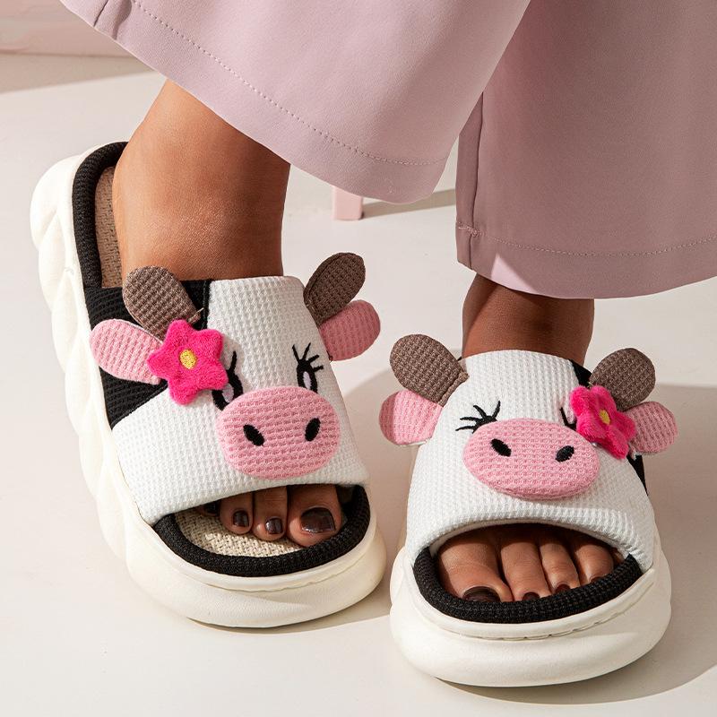 Women's Men's Cow Slippers, Cow Linen Slippers, Cow Cloud Slide Pillow Slippers Sandals Walking Shoes Footwear Soft Classic