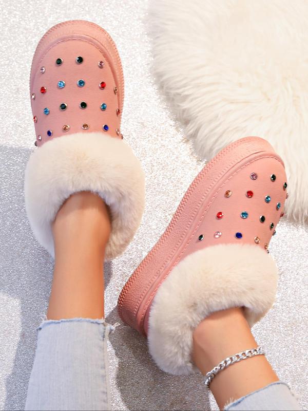 Women's Fashionable Rhinestone Decorated Plush Slippers, Casual Comfortable Home Slippers, Warm Slippers for Indoor & Outdoor Use for Winter