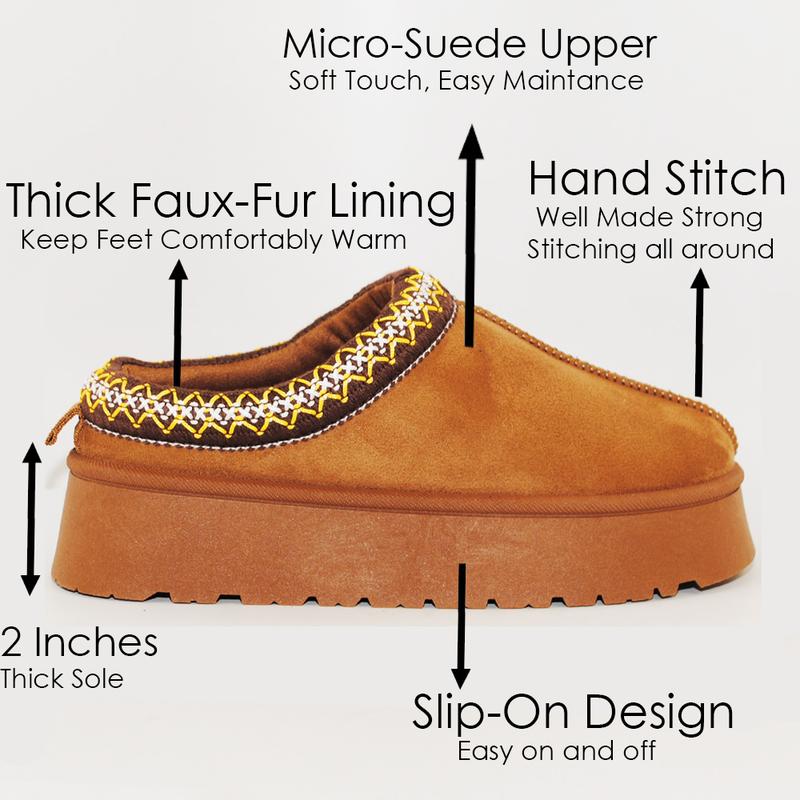 Women's Platform Slippers - Fur Fleece Lined, Slip-on, Durable for Indoor Outdoor. Warm, Lightweight with Suede Upper and Rubber Sole for Comfort.