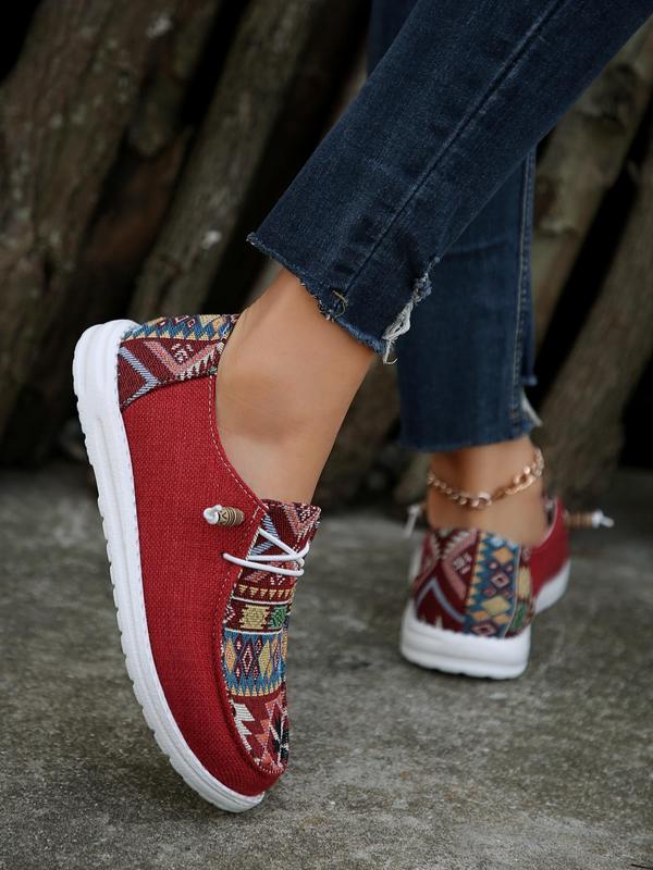 Women's Boho Style Geometric Pattern Lace Up Low Top Sneakers, Casual Comfortable Sports Shoes, Fashionable All-match Canvas Sneakers for Daily Wear