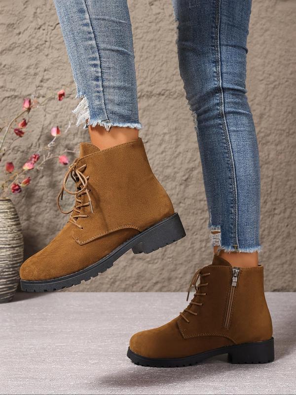 Women's Fashionable Solid Color Lace Up Side Zipper Boots, Casual Comfortable Round Toe Boots for Daily Wear, Perfect for Students and Outdoor for Women & Girls