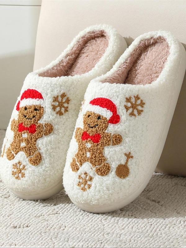 Women's Cute Gingerbread Man Pattern Plush Slippers, Casual Soft Comfortable Home Slippers, Warm Slippers for Indoor & Outdoor Use for Fall & Winter Indoor Slippers