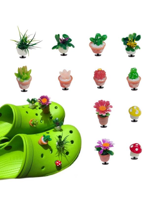 Women's Cute Pot Plants & Flower Design Clogs Charms, 12pcs set Trendy Novelty Colorful Shoes Charms, Chic Shoes Accessories for Clogs Decor