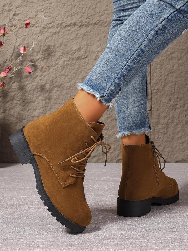 Women's Fashionable Solid Color Lace Up Side Zipper Boots, Casual Comfortable Round Toe Boots for Daily Wear, Perfect for Students and Outdoor for Women & Girls